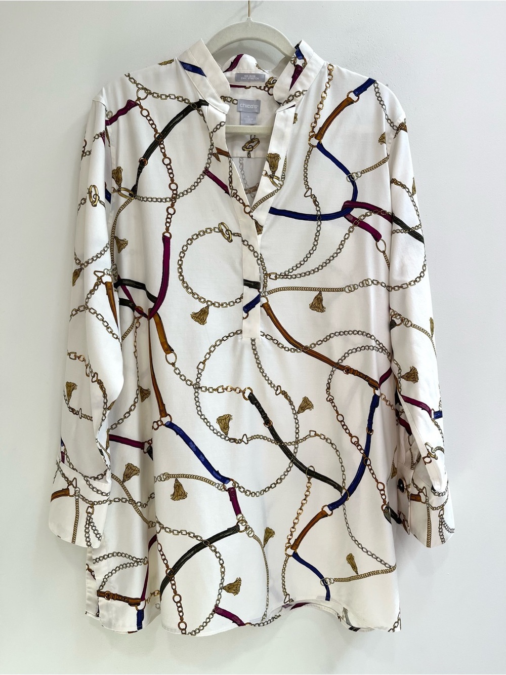 Chico's tunic non-iron chic stretch top equestrian-inspired chain rope print 20
